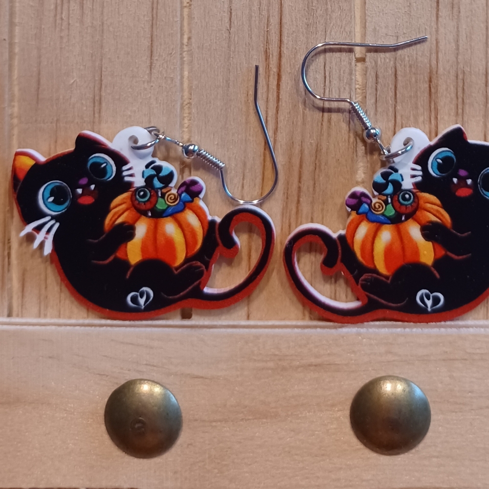 Halloween Black Cat and Pumpkin Earrings